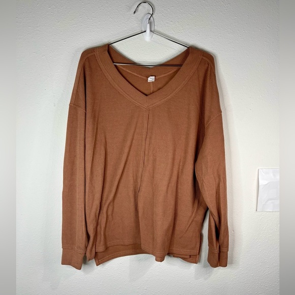 Anrabess Women’s Brown Ribbed V-Neck Sweater Size Large Oversized Casual Knit - Picture 1 of 6